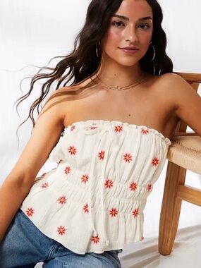 Coastal White Smocked Halter Tank with Pink-Orange Floral Embroidery